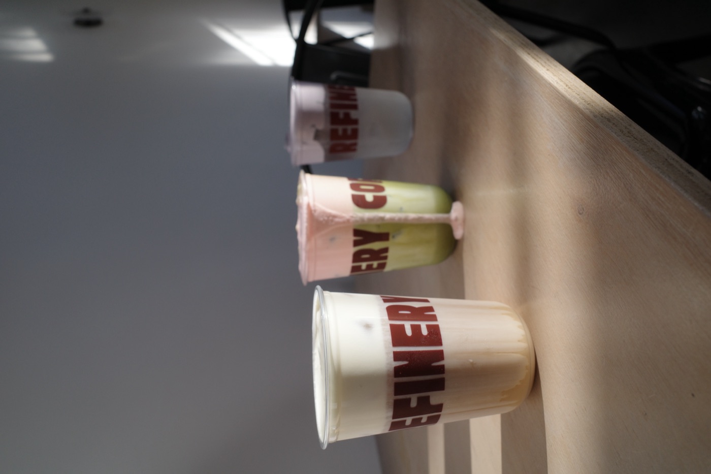 Vanilla, strawberry matcha and taro cold foam drinks at Refinery Coffee cafe, Currumbin